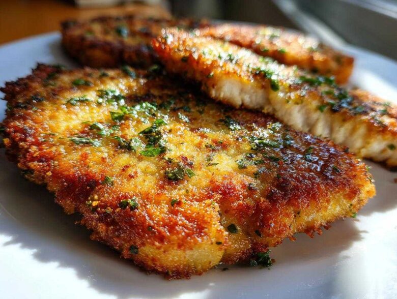 Close-up of golden brown, crispy air fryer pork chops topped with fresh green herbs.