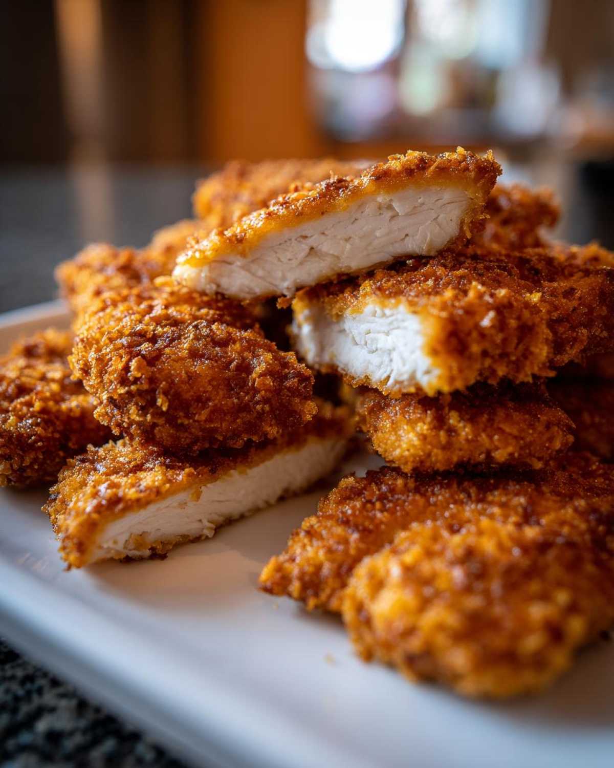 Close-up of Crispy Baked Chicken Tenders with Cornflake Crust, showing the juicy white interior.