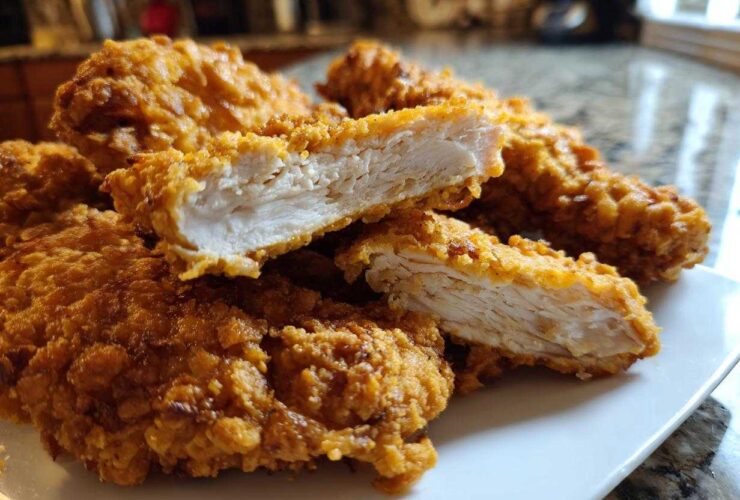 Close-up of Crispy Baked Chicken Tenders with Cornflake Crust, showing the moist white interior.