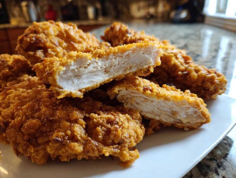 Close-up of Crispy Baked Chicken Tenders with Cornflake Crust, showing the moist white interior.