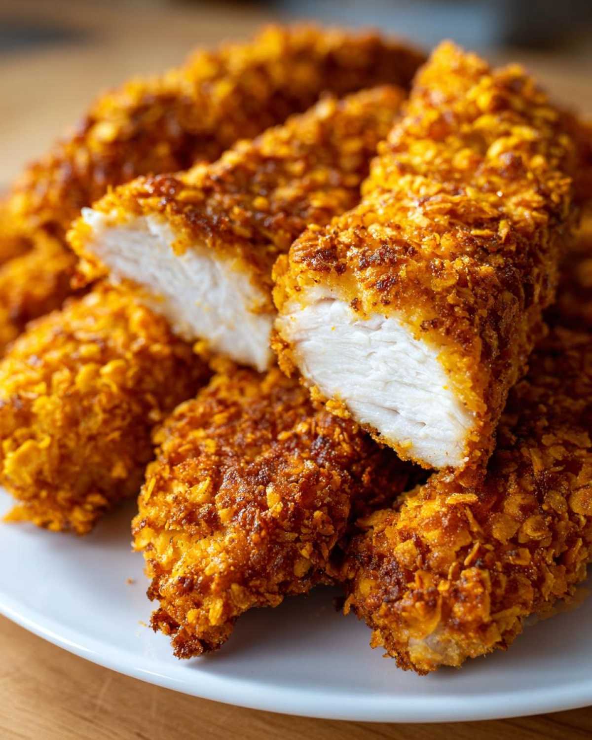 Close-up of Crispy Baked Chicken Tenders with Cornflake Crust, showing the juicy white interior.