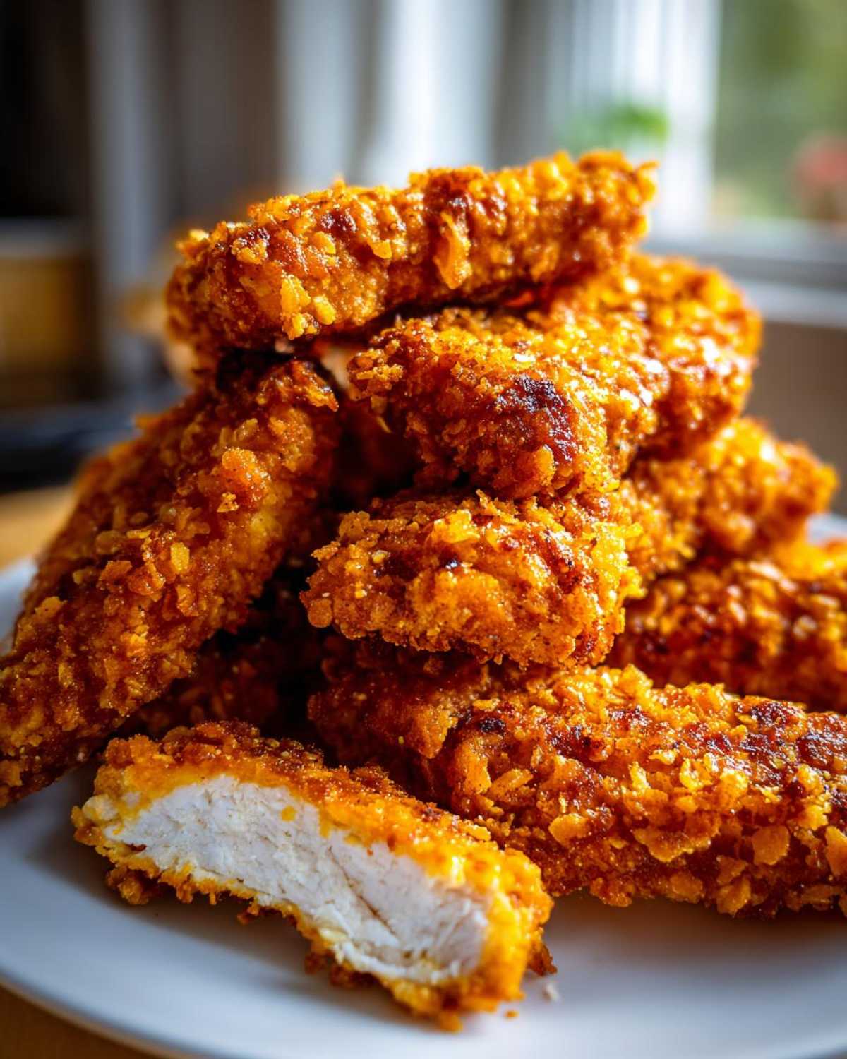 A close-up of a stack of golden brown Crispy Baked Chicken Tenders with Cornflake Crust, one cut open showing the white interior.