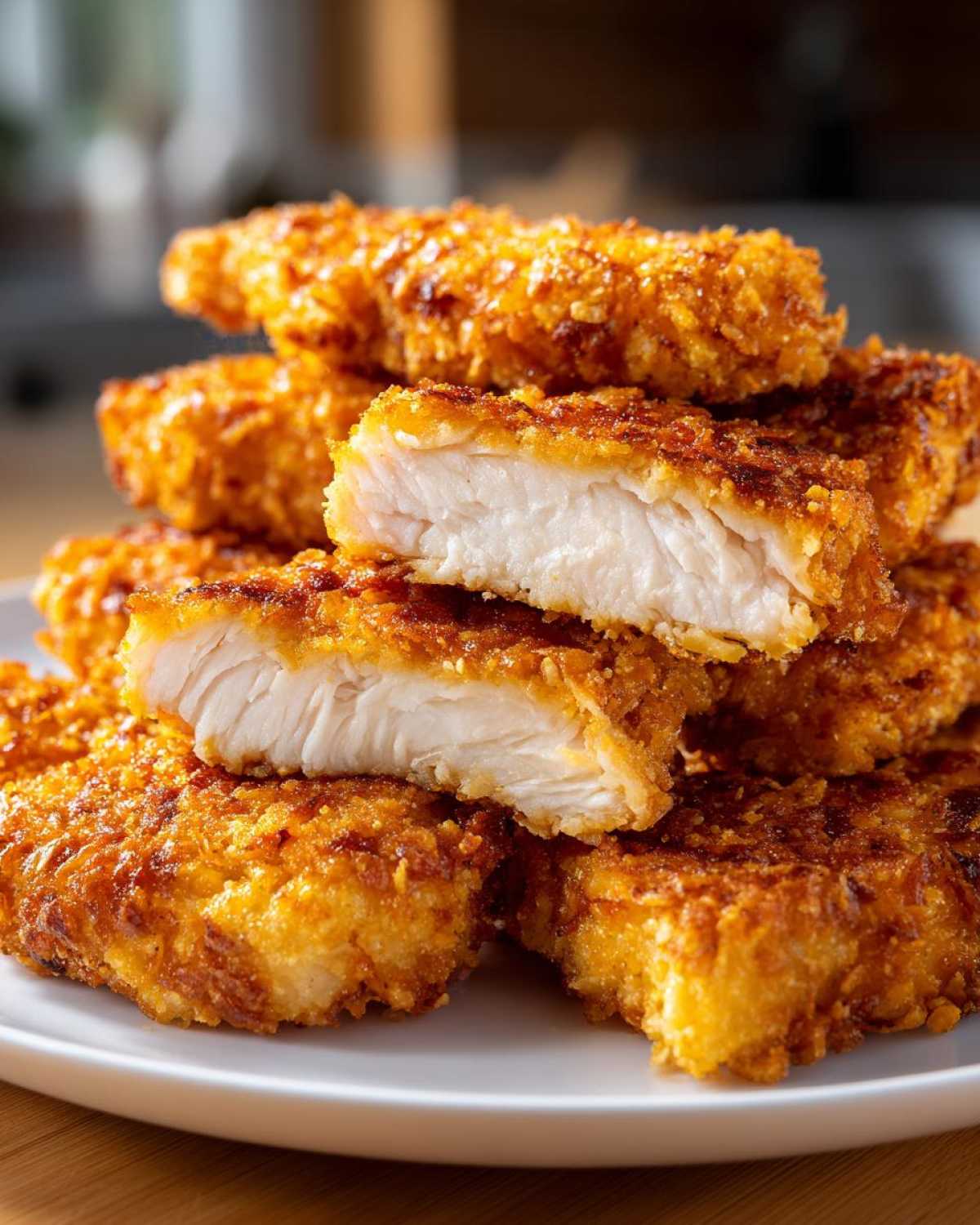 A stack of golden brown Crispy Baked Chicken Tenders with Cornflake Crust, one cut in half showing juicy white meat.