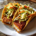 Two Crispy Baked Fish Tacos filled with breaded white fish and topped with fresh lime slaw.