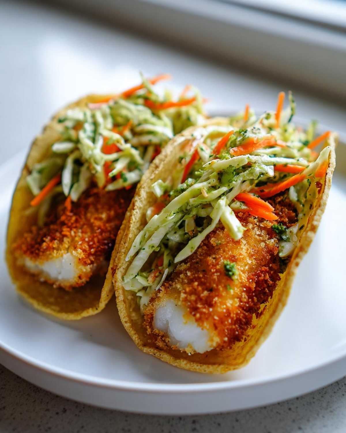 Two Crispy Baked Fish Tacos filled with golden breaded fish and topped with vibrant lime slaw.