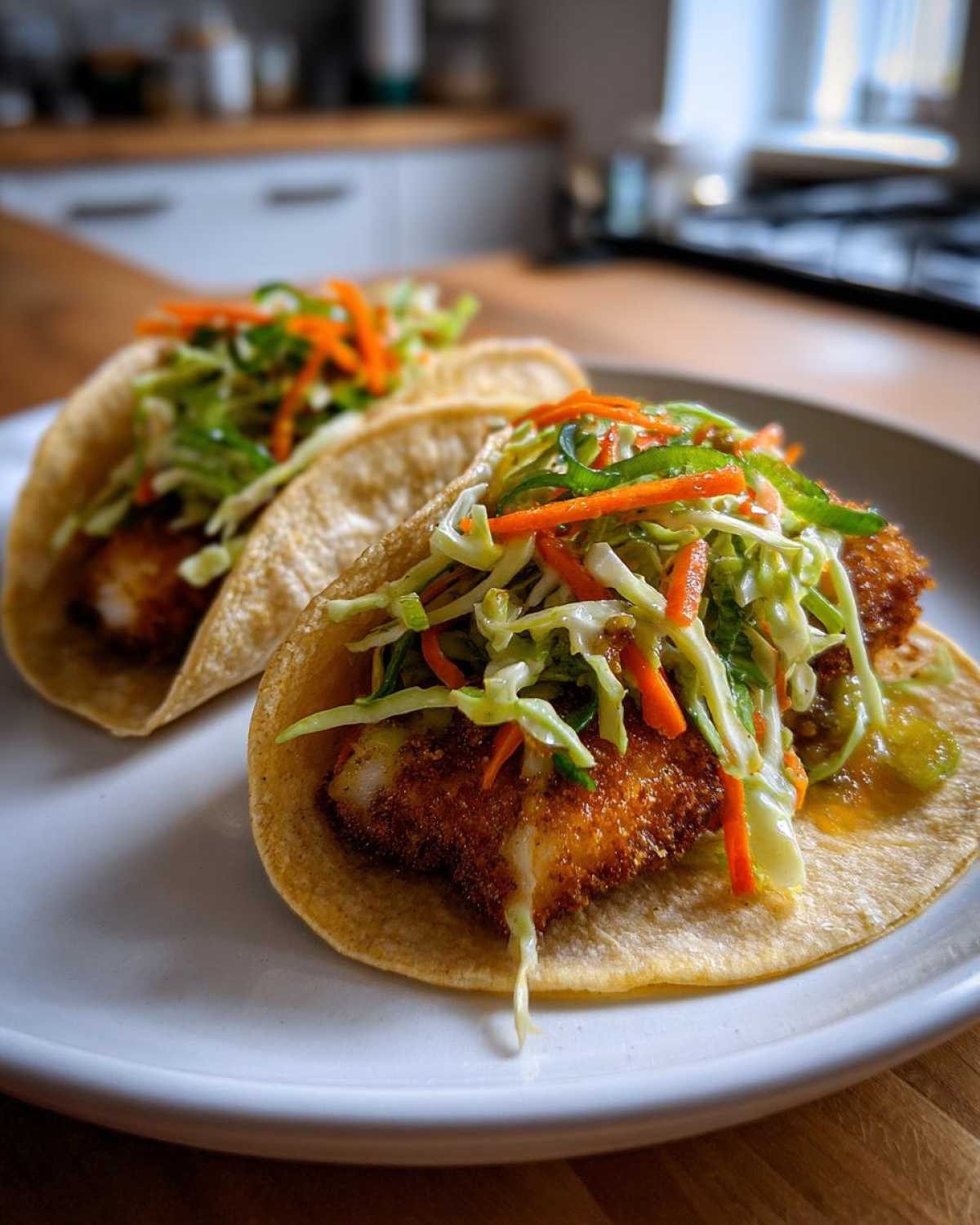 Two Crispy Baked Fish Tacos topped generously with lime slaw and shredded carrots on a white plate.