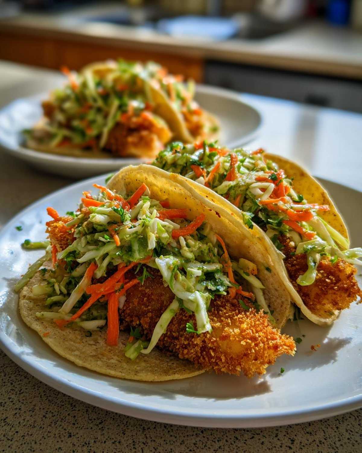 Two Crispy Baked Fish Tacos loaded with bright green lime slaw and shredded carrots on a white plate.