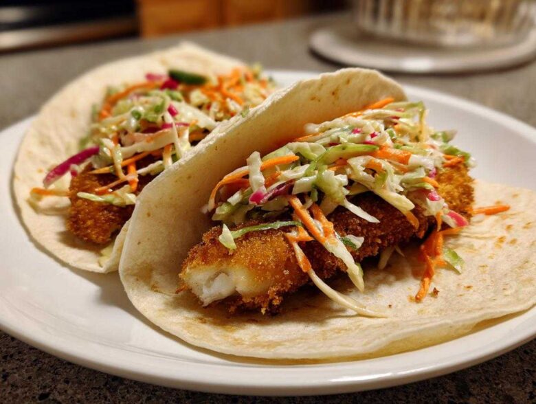Two Crispy Baked Fish Tacos filled with breaded fish and topped generously with colorful lime slaw.