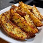 A close-up of golden brown, crispy baked garlic parmesan potato wedges piled on a white plate.