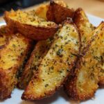 Close-up of golden brown, crispy baked garlic parmesan potato wedges seasoned with herbs.
