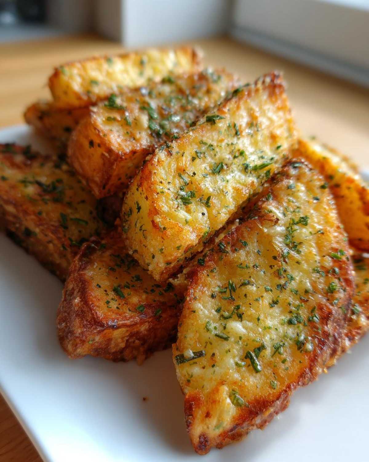 Close-up of golden brown Crispy Baked Garlic Parmesan Potato Wedges topped with herbs.