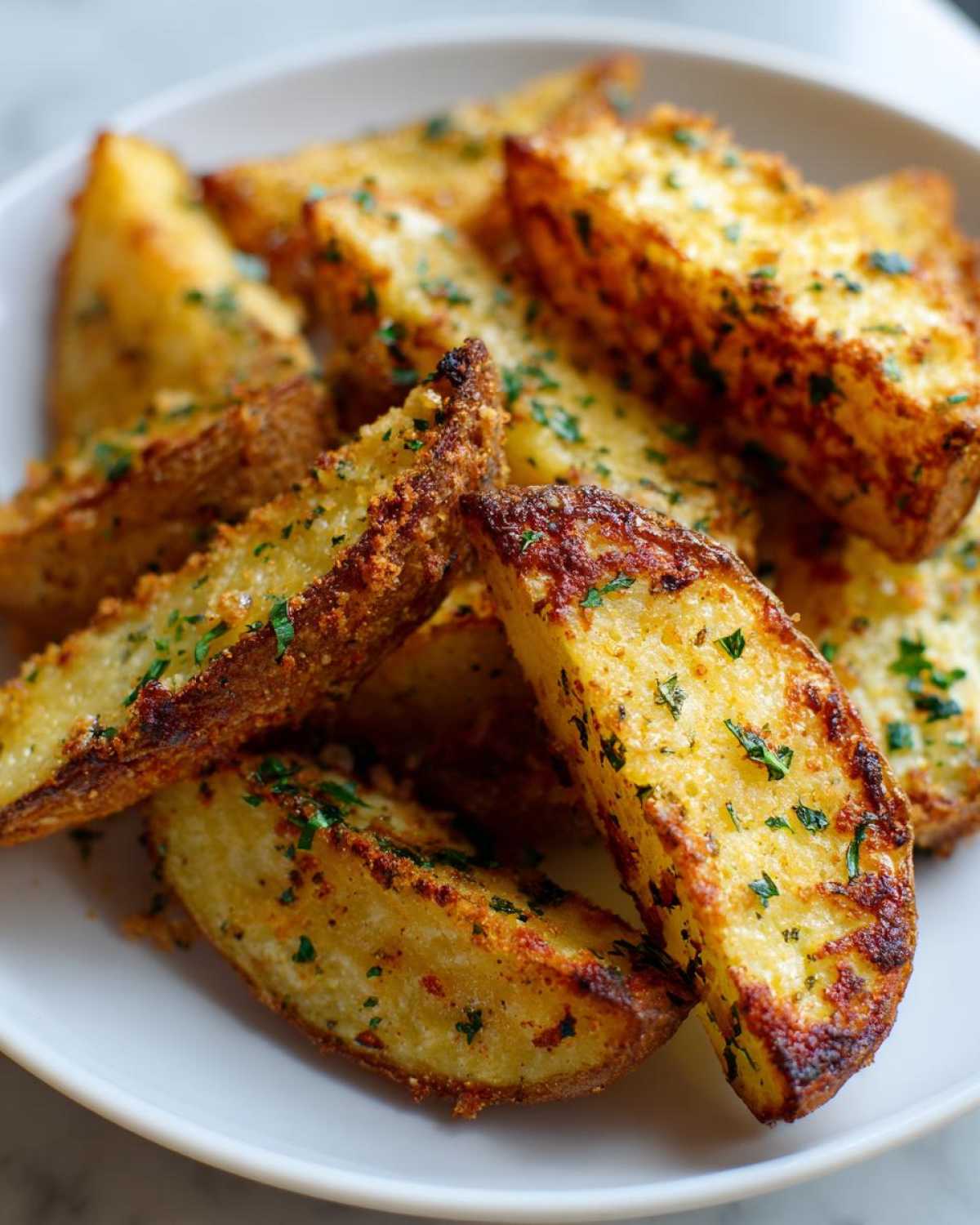 A close-up of golden brown Crispy Baked Garlic Parmesan Potato Wedges topped with fresh parsley.