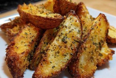 Close-up of golden brown, crispy baked garlic parmesan potato wedges seasoned with herbs.