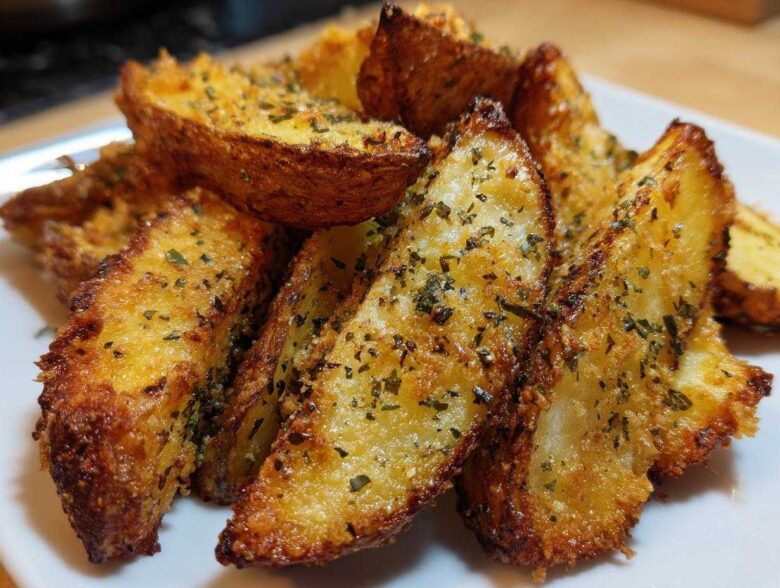 Close-up of golden brown, crispy baked garlic parmesan potato wedges seasoned with herbs.