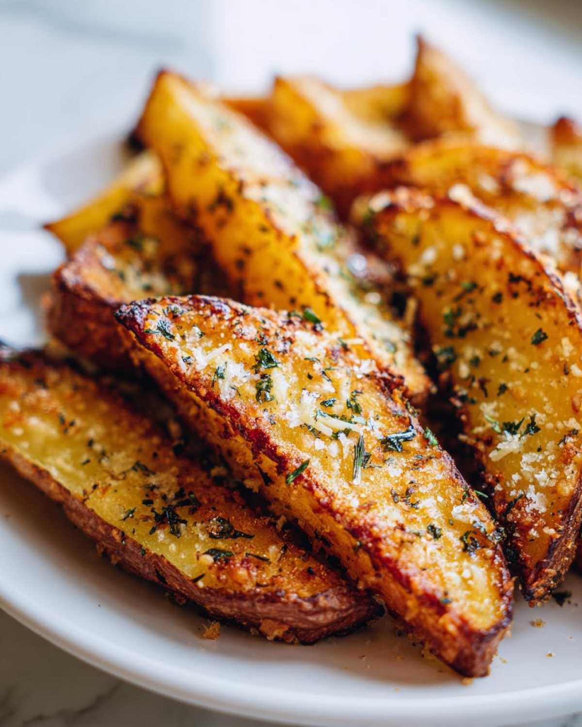 Close-up of golden brown Crispy Baked Garlic Parmesan Potato Wedges topped with grated cheese and herbs.