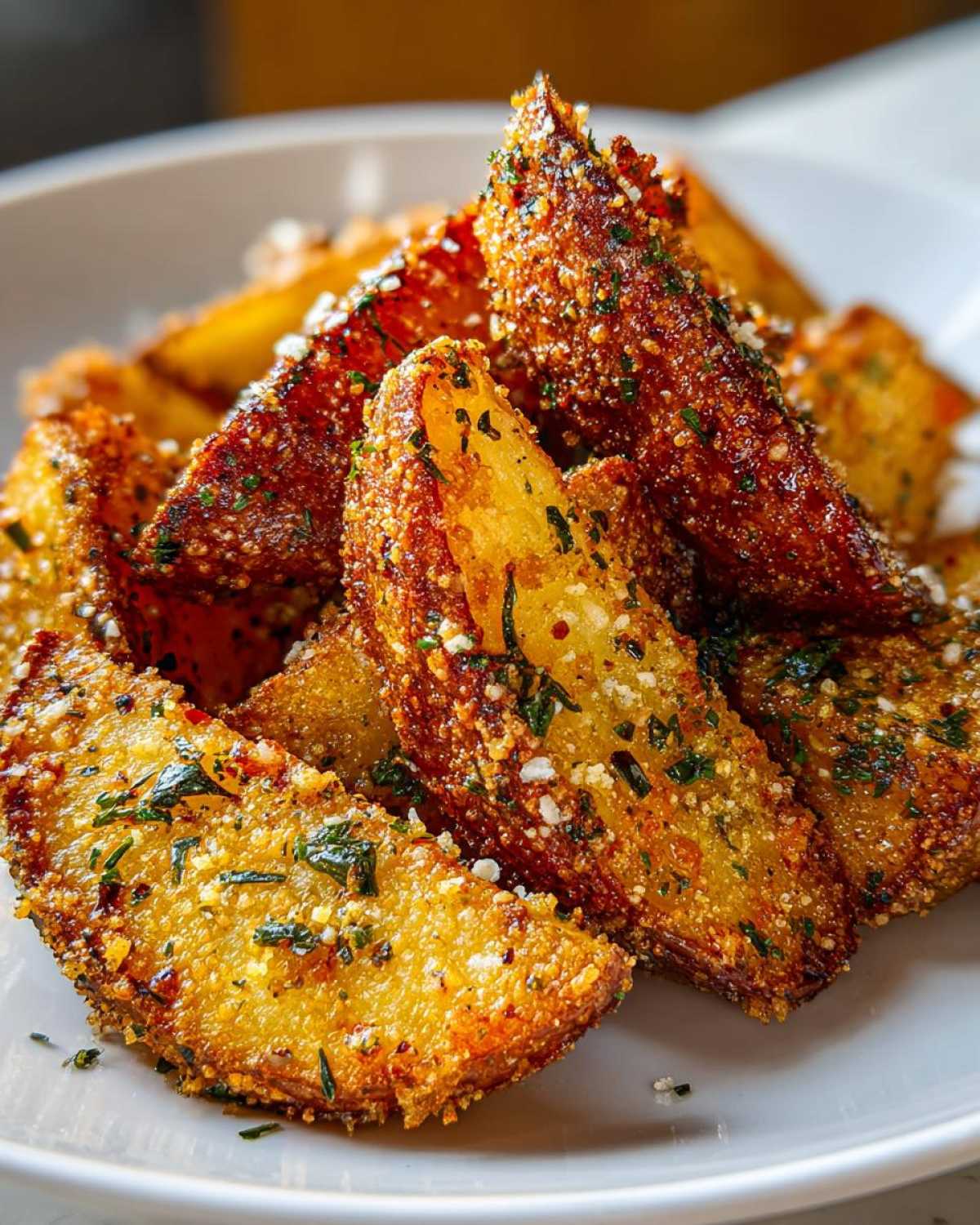 A pile of golden brown, crispy baked garlic parmesan potato wedges seasoned with herbs and cheese.