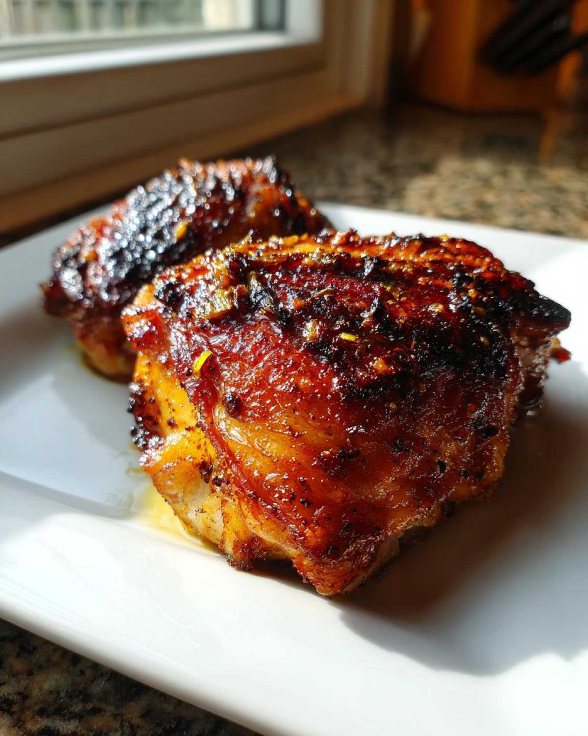 Close-up of two juicy Lemon Garlic Roasted Chicken Thighs with crispy, caramelized skin served on a white plate.