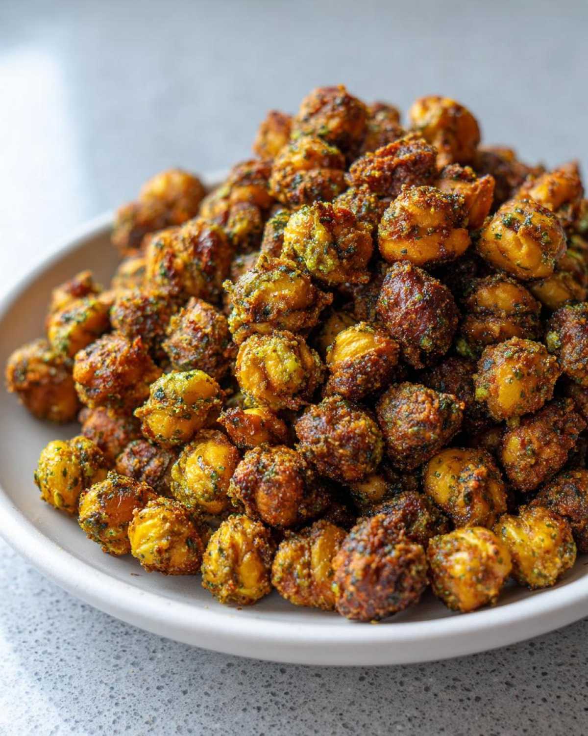 A close-up of a mound of golden brown, seasoned Crunchy Air Fryer Ranch Chickpeas piled high on a white plate.