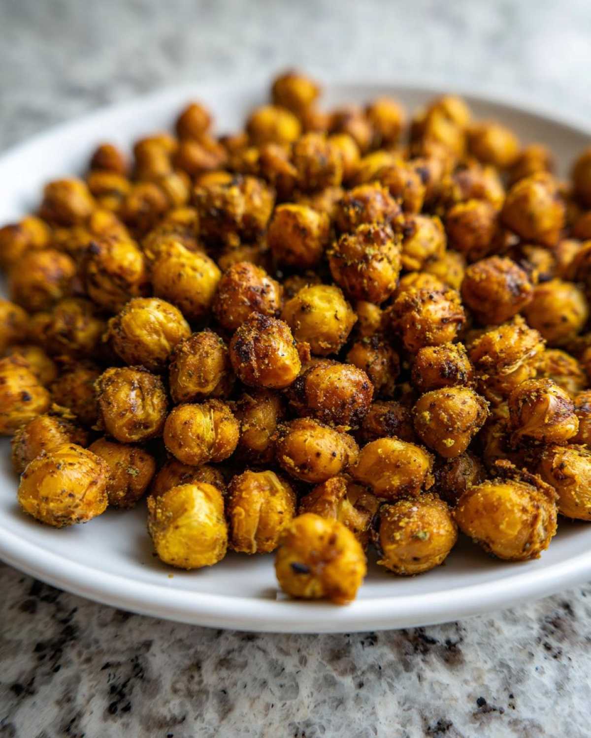 A close-up of a white plate piled high with golden brown, seasoned Crunchy Air Fryer Ranch Chickpeas.