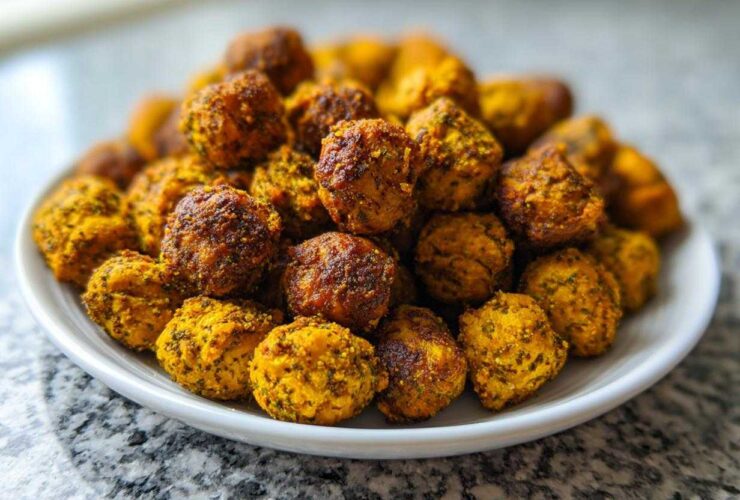 A white plate piled high with golden brown, seasoned Crunchy Air Fryer Ranch Chickpeas.