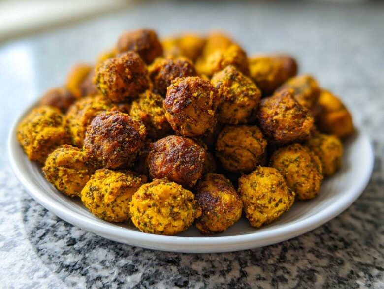 A white plate piled high with golden brown, seasoned Crunchy Air Fryer Ranch Chickpeas.