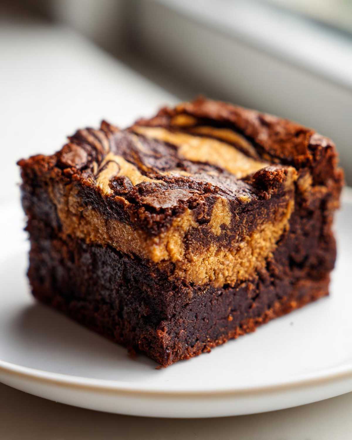 A rich, fudgy square of Dark Chocolate Tahini Brownies featuring a creamy tahini swirl on top.