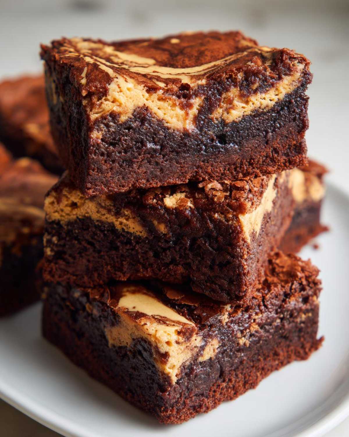 A stack of three fudgy Dark Chocolate Tahini Brownies featuring a visible tahini swirl topping on a white plate.
