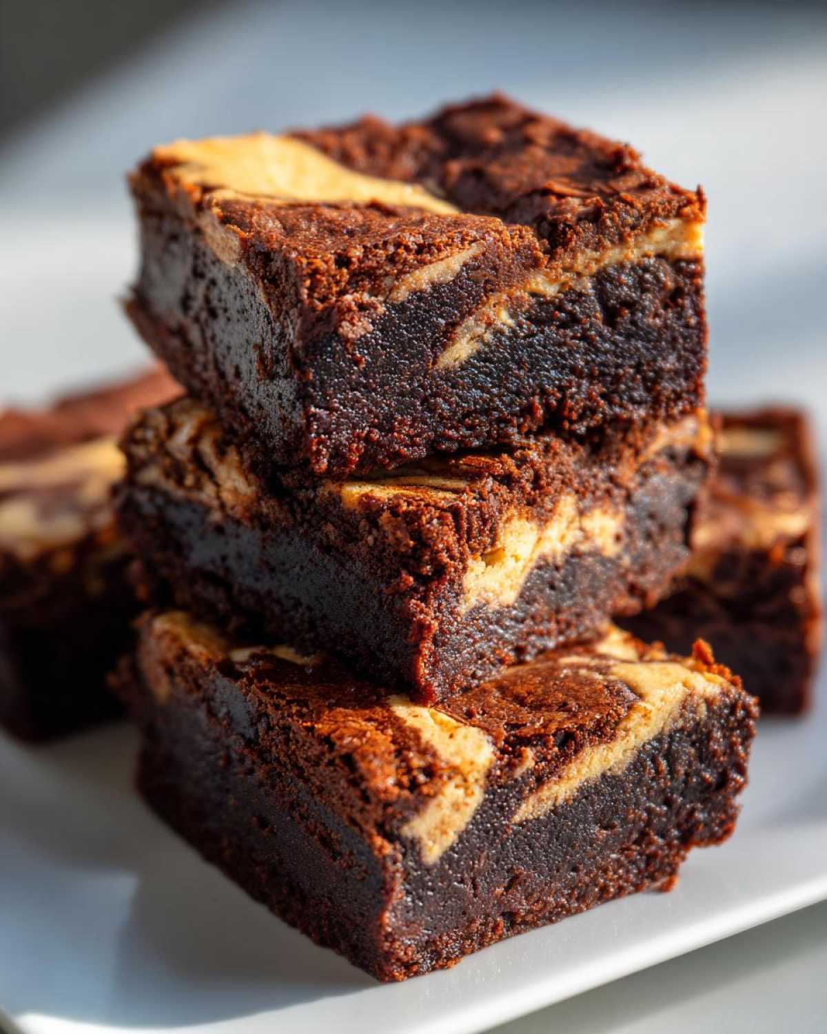 A stack of three fudgy Dark Chocolate Tahini Brownies featuring a beautiful light-colored tahini swirl on top.