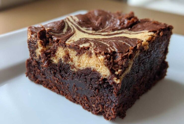 Close-up of a fudgy Dark Chocolate Tahini Brownie square with a creamy tahini swirl on top.