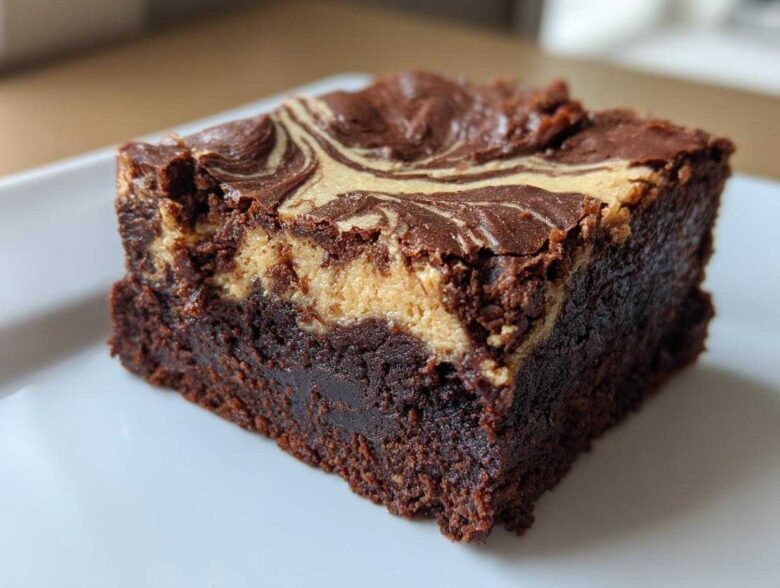 Close-up of a fudgy Dark Chocolate Tahini Brownie square with a creamy tahini swirl on top.