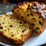 A loaf of Easy Irish Soda Bread with Buttermilk and Raisins, partially sliced, showing the dense crumb and dark raisins.