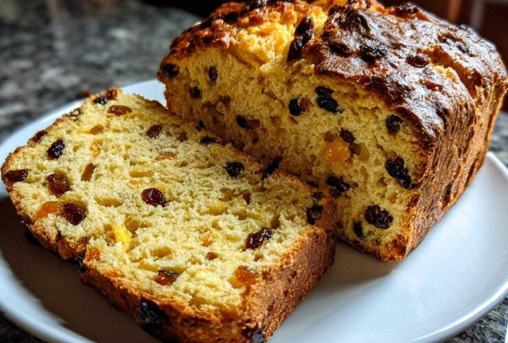 A loaf of Easy Irish Soda Bread with Buttermilk and Raisins, partially sliced, showing the dense crumb and dark raisins.