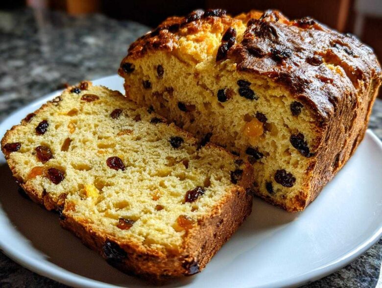 A loaf of Easy Irish Soda Bread with Buttermilk and Raisins, partially sliced, showing the dense crumb and dark raisins.