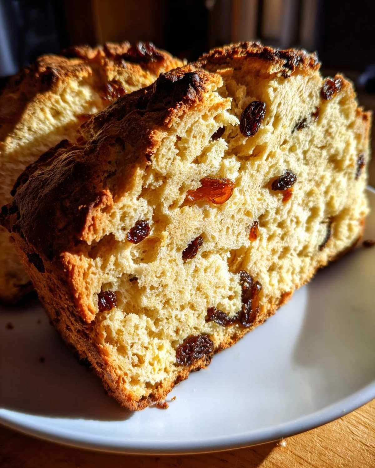 Close-up of a thick slice of Easy Irish Soda Bread with Buttermilk and Raisins showing a golden crust and soft interior.