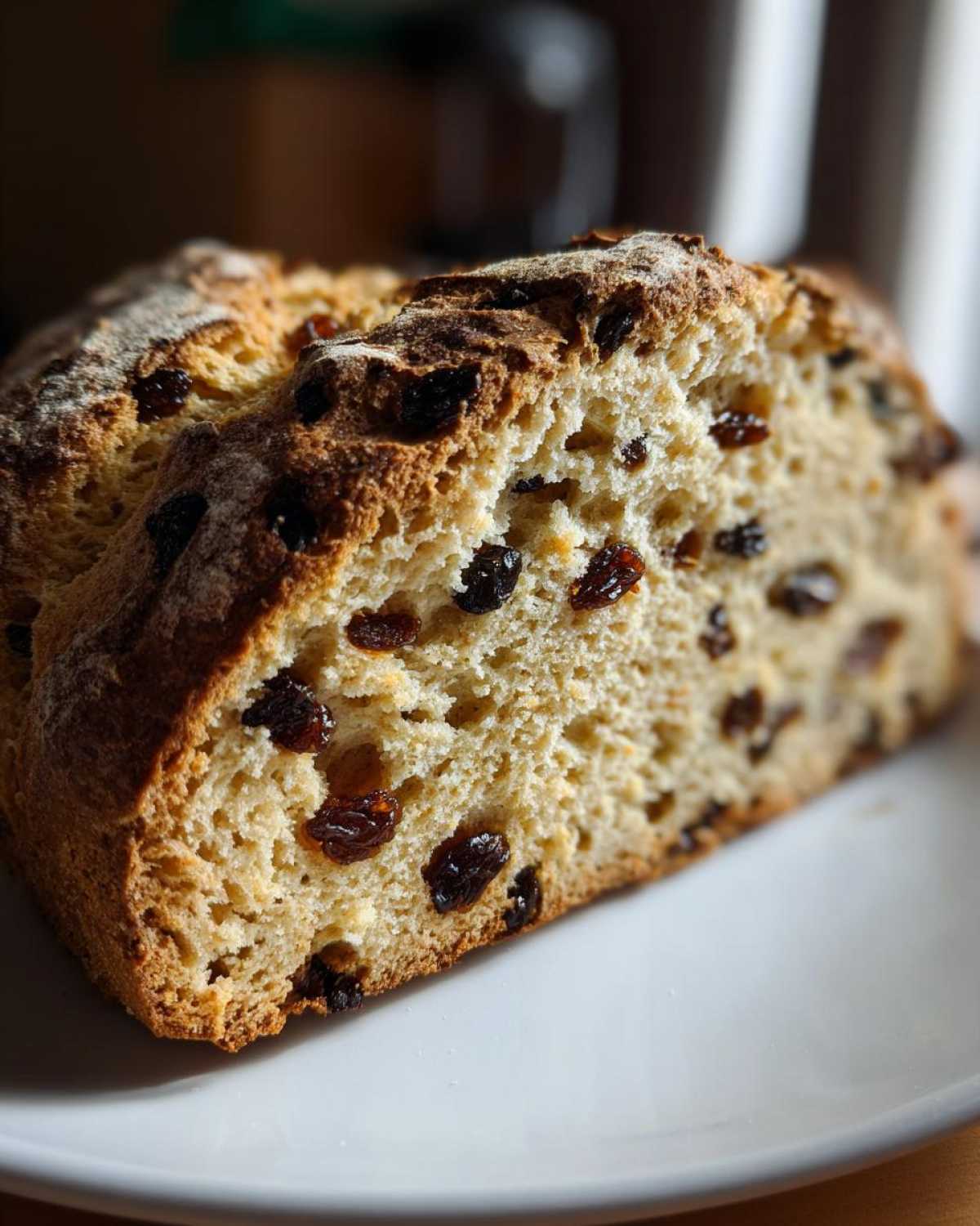 A close-up view of a thick slice of Easy Irish Soda Bread with Buttermilk and Raisins, showing the dense crumb and dark raisins.