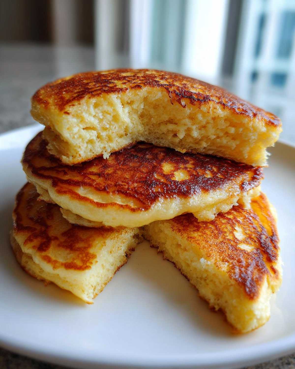 Close-up of a stack of fluffy Gluten-Free Buttermilk Pancakes, showing the golden-brown exterior and soft interior.