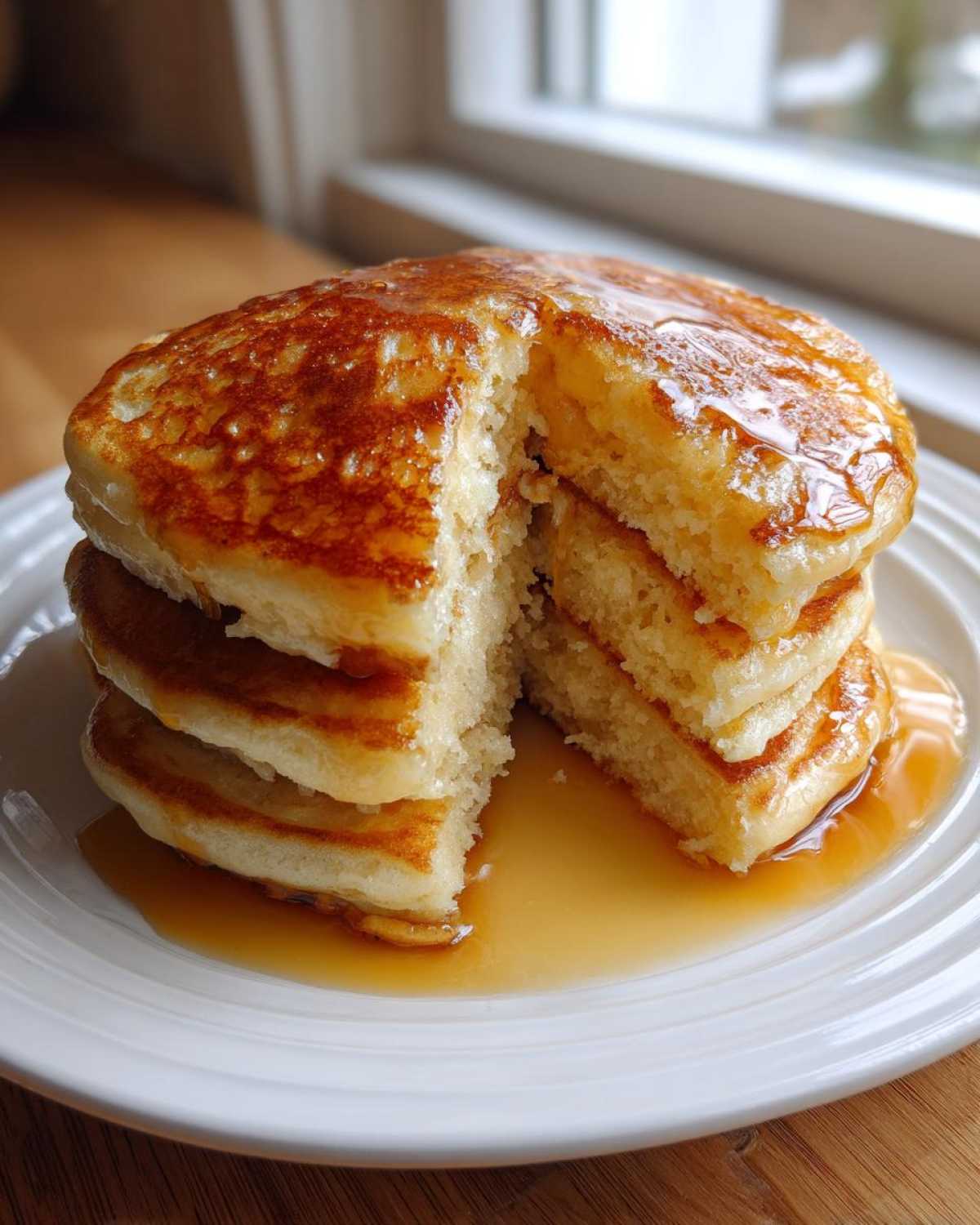 A stack of fluffy Gluten-Free Buttermilk Pancakes drizzled generously with golden syrup on a white plate.