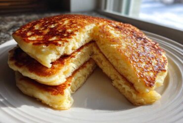 A stack of three thick, fluffy Gluten-Free Buttermilk Pancakes, cut to show the texture, sitting on a white plate.