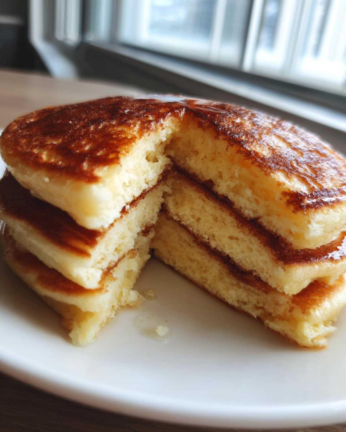Close-up of a stack of fluffy Gluten-Free Buttermilk Pancakes cut in half, showing the soft interior and golden-brown tops drizzled with syrup.