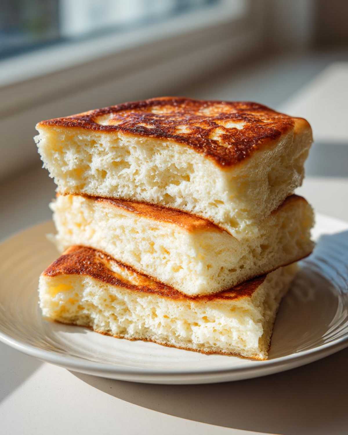Close-up of three thick, fluffy slices of Gluten-Free Buttermilk Pancakes stacked on a white plate.