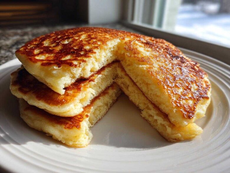A stack of three thick, fluffy Gluten-Free Buttermilk Pancakes, cut to show the texture, sitting on a white plate.