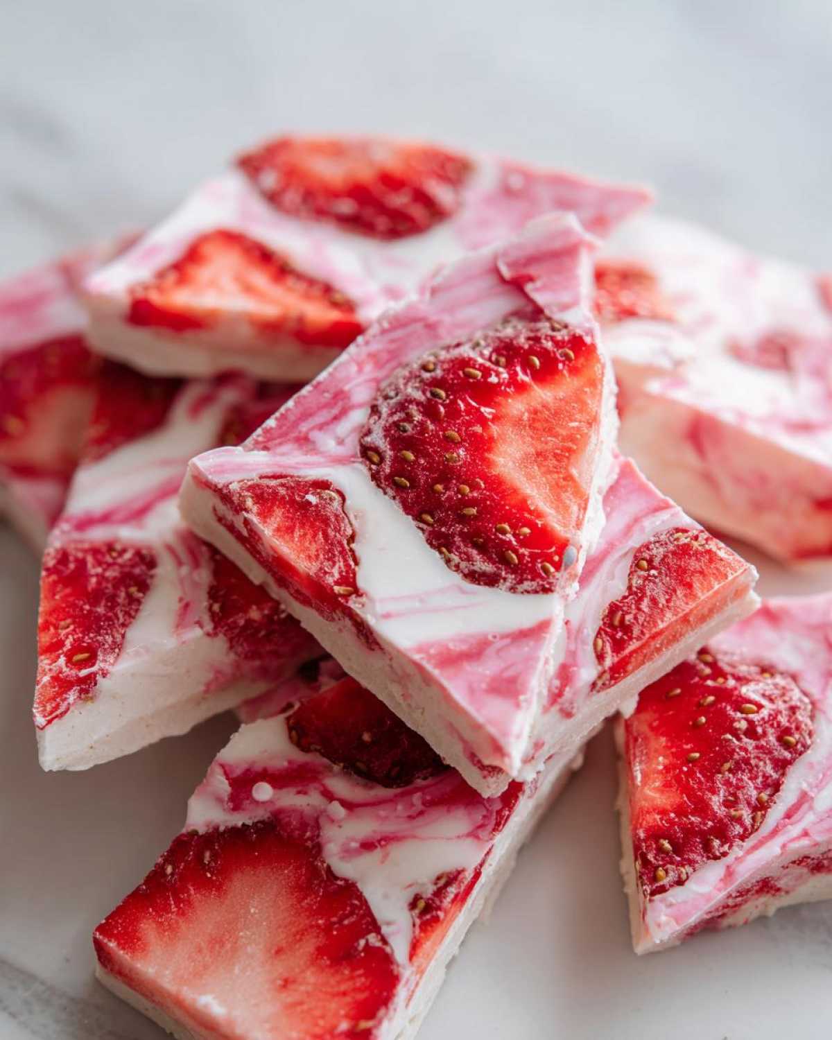 Close-up of stacked, triangular pieces of Frozen Strawberry Yogurt Bark with visible strawberry slices.