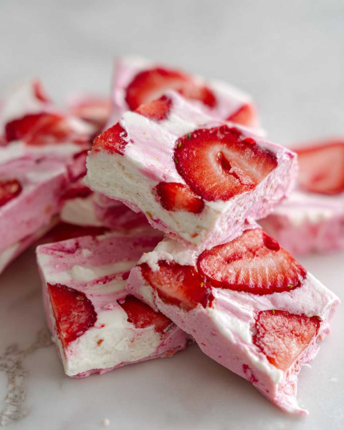 Close-up of stacked pieces of Frozen Strawberry Yogurt Bark featuring swirls of pink and white yogurt and embedded fresh strawberry slices.