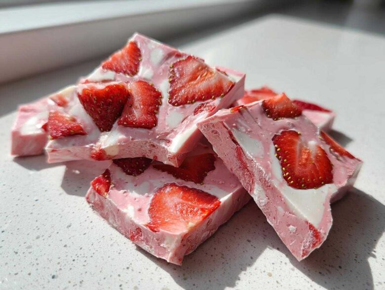 Close-up of several broken pieces of Frozen Strawberry Yogurt Bark, featuring pink yogurt swirled with white and topped with bright red strawberry slices.