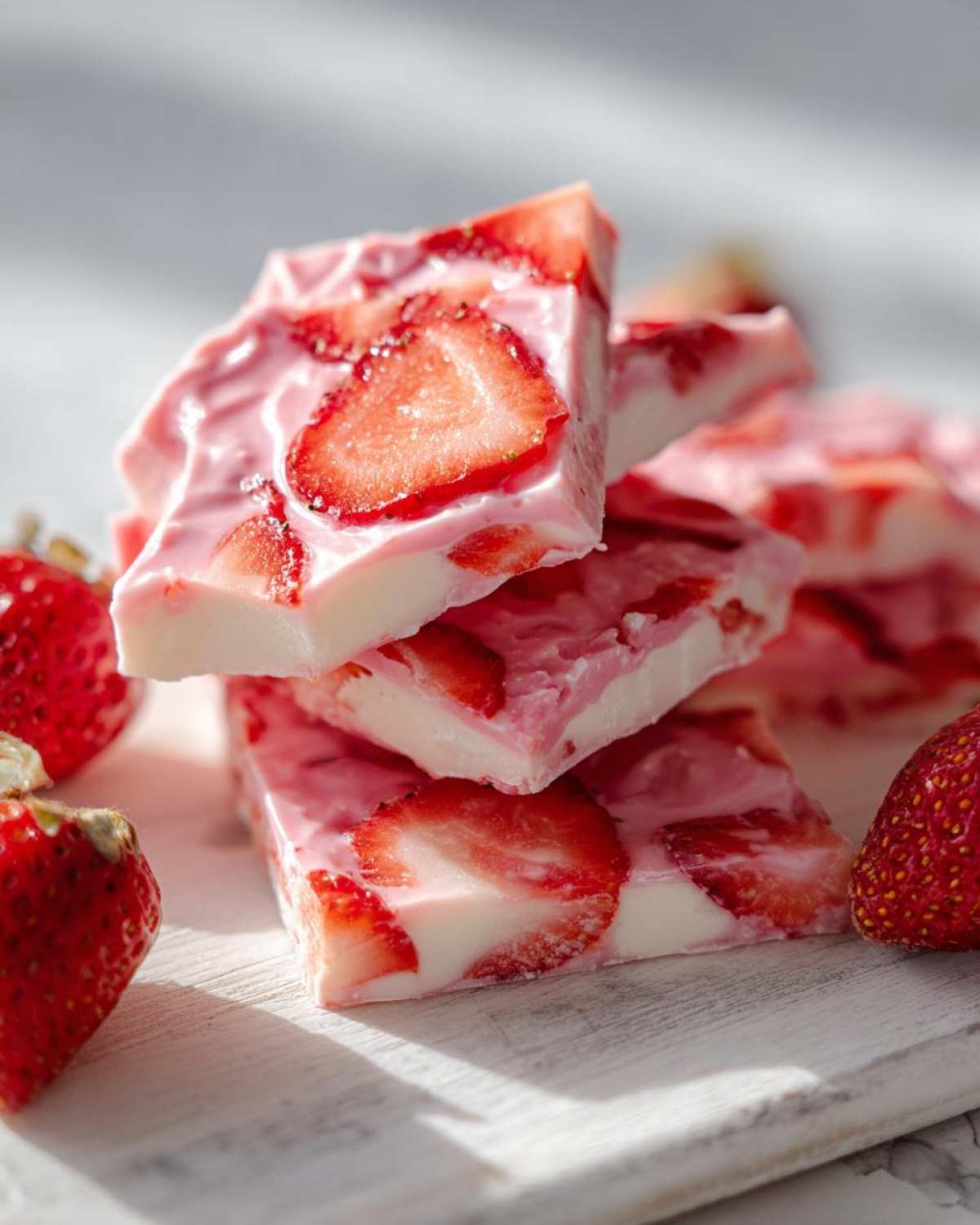 Close-up of stacked pieces of Frozen Strawberry Yogurt Bark with visible strawberry slices.