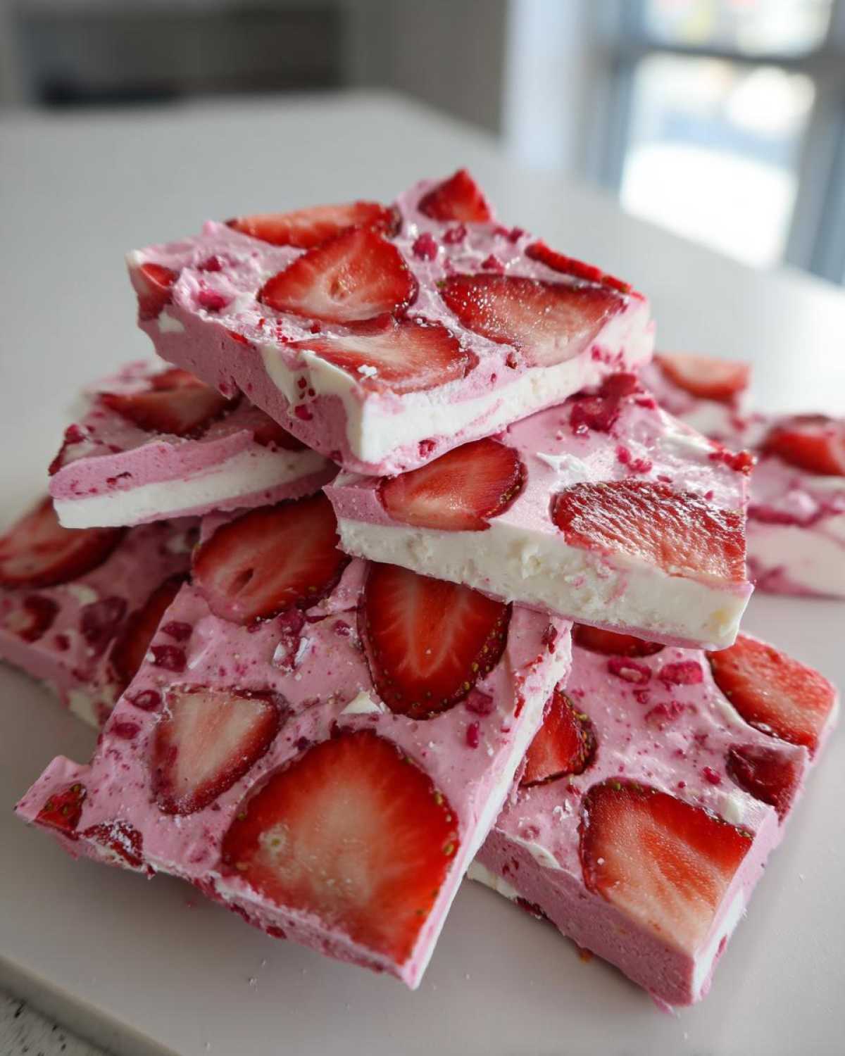 Close-up of stacked squares of Frozen Strawberry Yogurt Bark topped with fresh strawberry slices.