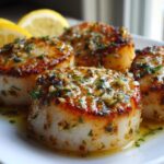 Four perfectly seared Garlic Butter Scallops with Lemon sauce and parsley garnish on a white plate.
