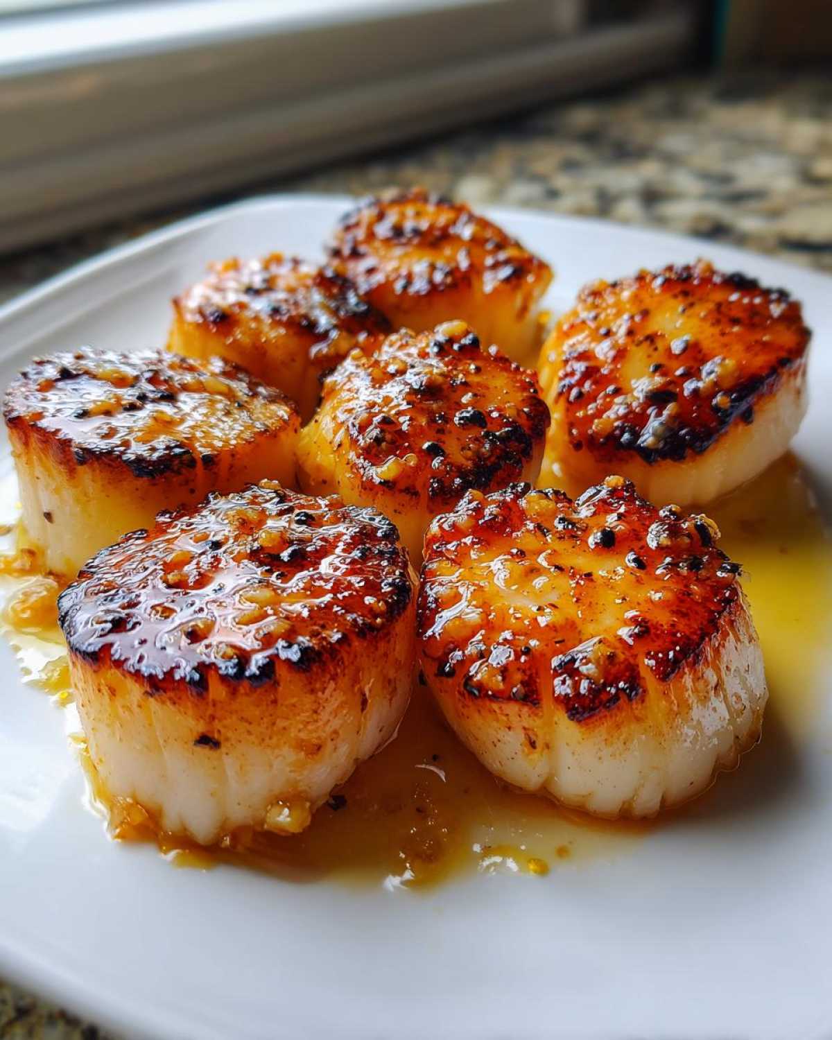 Six perfectly seared Garlic Butter Scallops with Lemon glistening in butter sauce on a white plate.