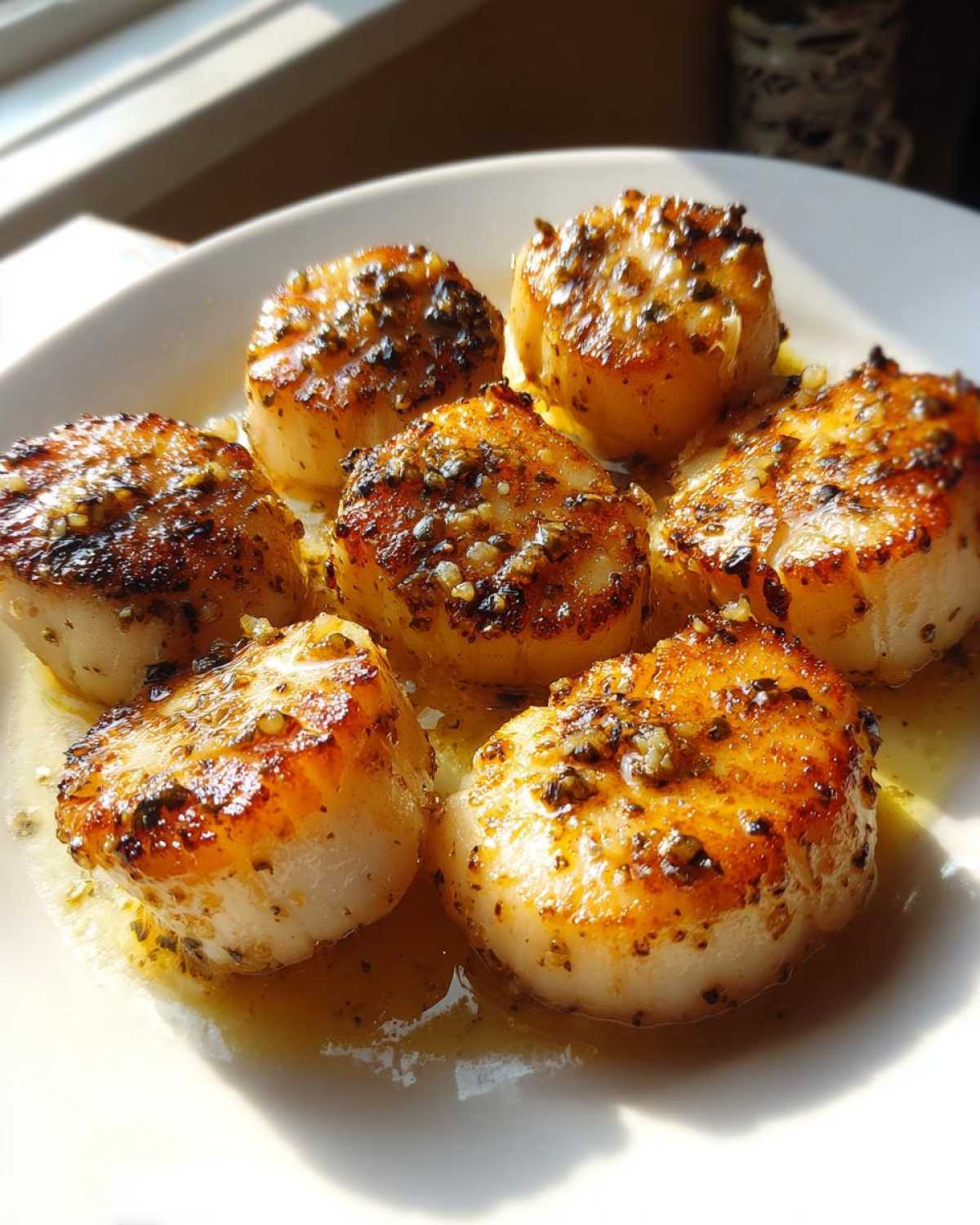 Close-up of seared Garlic Butter Scallops with Lemon glistening in butter sauce on a white plate.