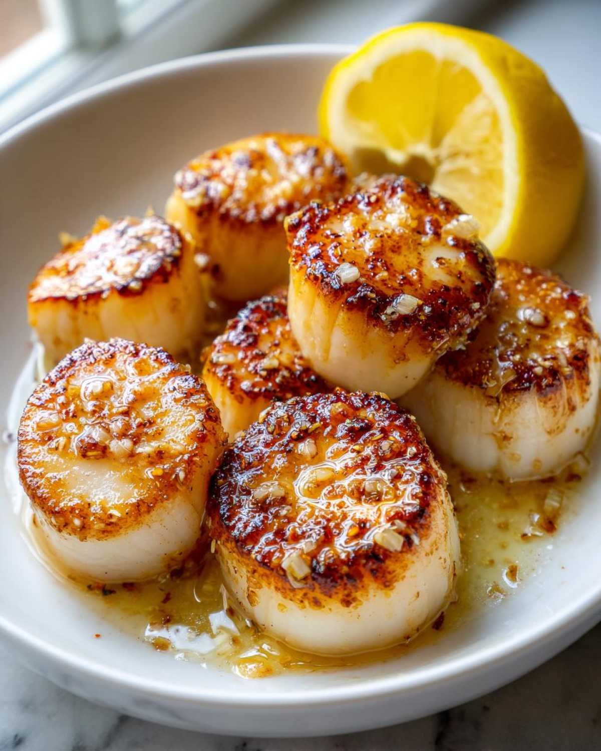 Close-up of seared Garlic Butter Scallops with Lemon sauce and a lemon wedge garnish.